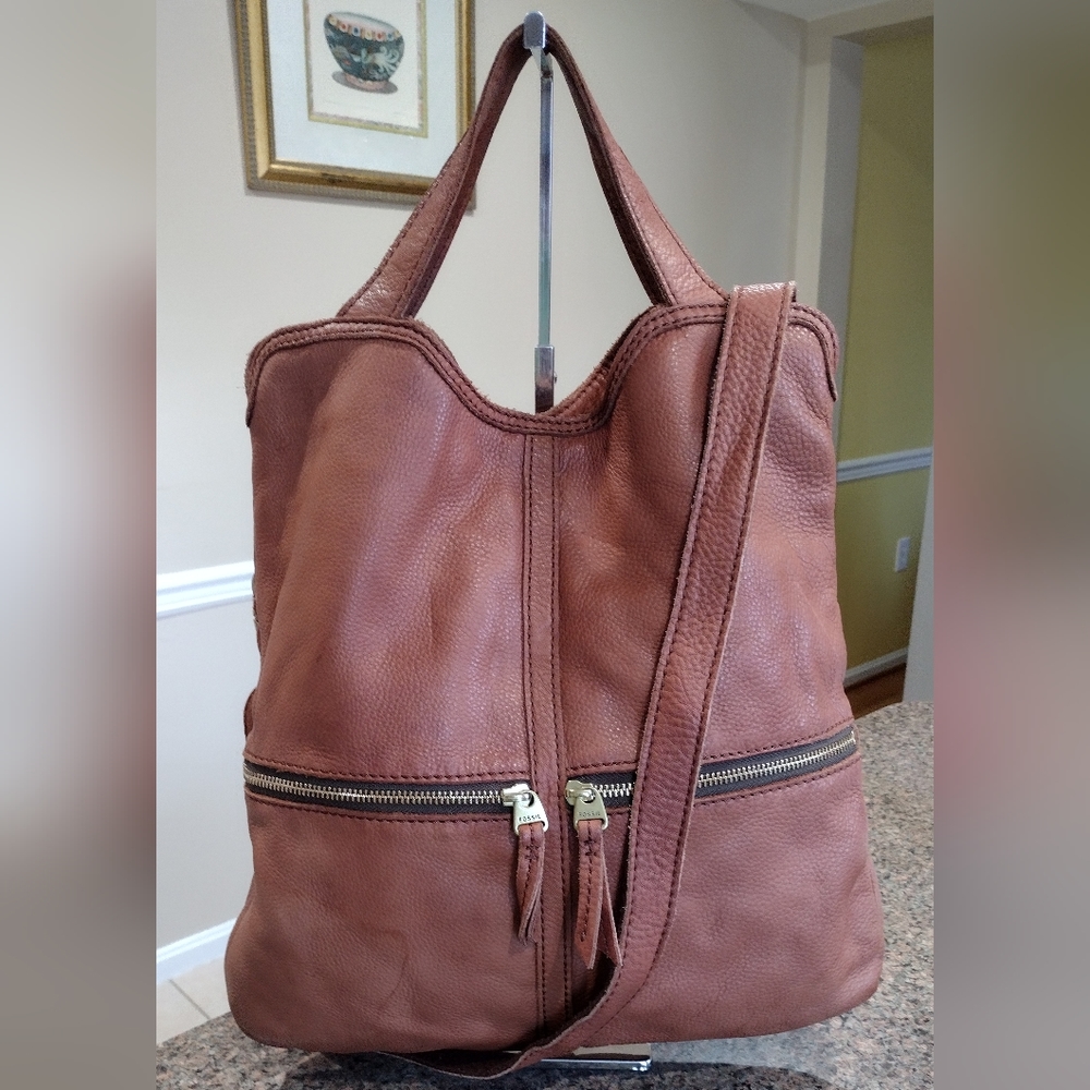 FOSSIL Erin Fold-over Tan Brown Leather Tote Shoulder Handbag EUC, Retai…